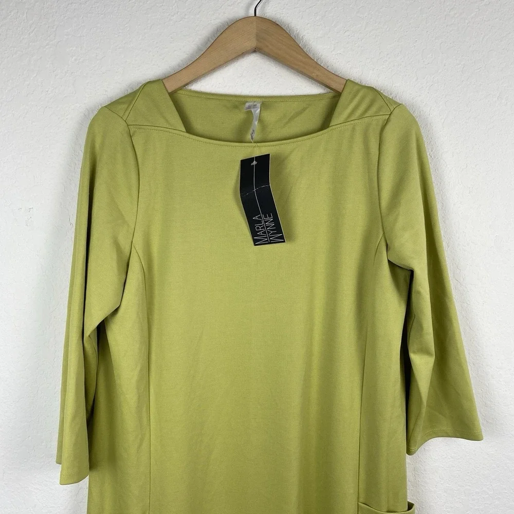 Marla Wynne L Shift Dress Green Pockets Boat Neck Minimalist Artsy Knee Length - Picture 2 of 6